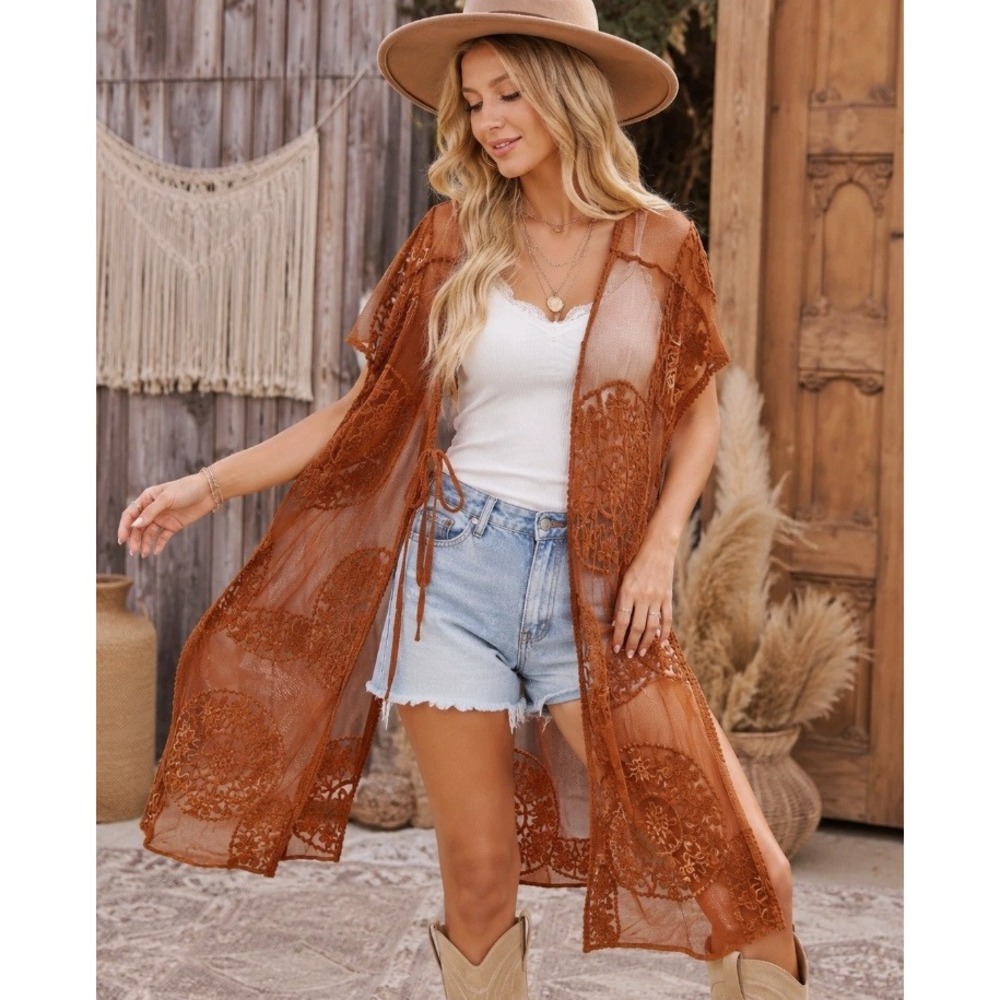 Shyanne Sheer Embroidered Kimono Cardigan Rust Boho Festival Open Front OS